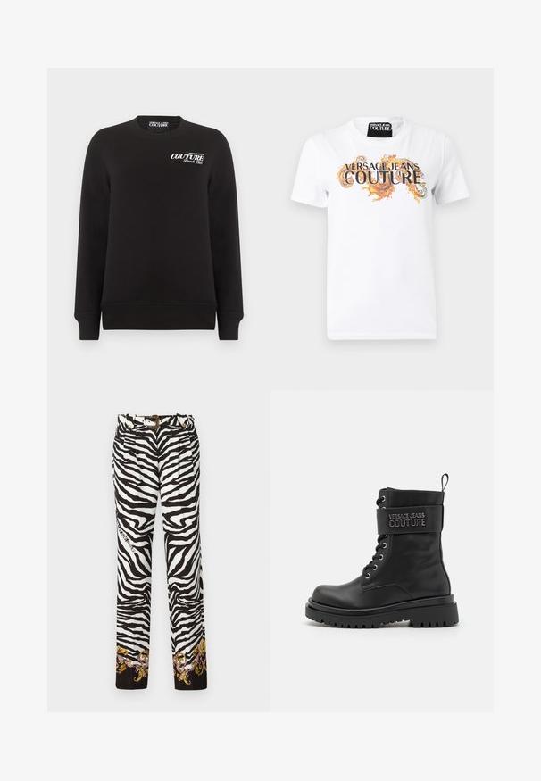 Sudadera negra de manga larga con cuello redondo y texto blanco "Versace Jeans Couture Beach Club" en el pecho superior izquierdo.; Camiseta blanca de manga corta con texto "Versace Jeans Couture" y remolinos decorativos naranjas en el frente, cuello redondo.; Pantalones de estampado de cebra en blanco y negro, con un bordado floral decorativo en el dobladillo y un cinturón con acentos dorados y hebilla.; Botín de combate negro con un acabado brillante, que presenta un tobillo acolchado, parte delantera con cordones y una correa con logo en relieve en la parte superior. Suela de goma.