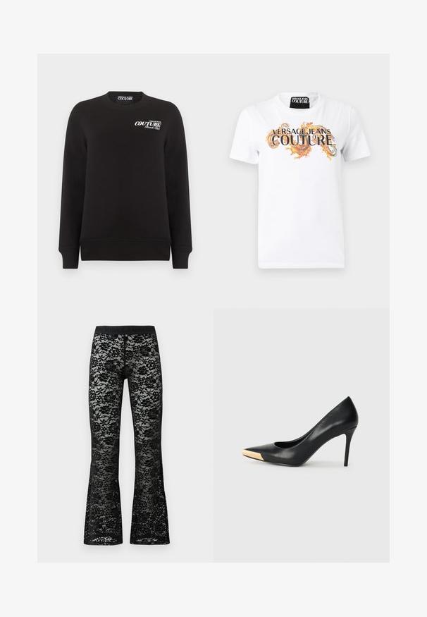 Zwarte lange mouwen crewneck trui met witte tekst "Versace Jeans Couture Beach Club" op de bovenste linkerborst.; Wit T-shirt met korte mouwen met de tekst "Versace Jeans Couture" en oranje decoratieve krullen op de voorkant, ronde hals.; Zwarte kant flared broeken met bloemenpatroon, elastische zwarte tailleband, doorzichtige textuur en een figuurvormende pasvorm.; Zwarte leren hoge hak pump met een spitse neus; heeft een metallic gouden accent op de neuskap. Glad oppervlak met een stijlvolle vormgeving.