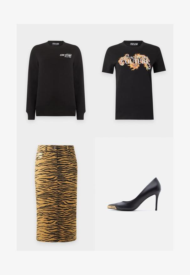 Sort langærmet sweatshirt med rund hals og hvid tekst "Versace Jeans Couture Beach Club" på øverste venstre bryst.; Sort T-shirt med korte ærmer og teksten "Versace Jeans Couture" samt orange dekorative pletter på tværs af brystet.; Tigerstribet nederdel med en gylden baggrund og sorte mønstre. Lavet af denim, har den en lige pasform og inkluderer lommer.; Sort læder højhælet pumpe med spids snude, guldmetalspids indgraveret med "Versace Jeans Couture," vist fra siden på hvid baggrund.