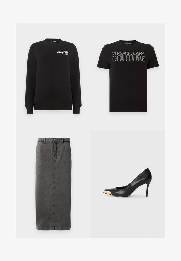 Zwarte lange mouwen crewneck trui met witte tekst "Versace Jeans Couture Beach Club" op de bovenste linkerborst.; Zwart t-shirt met korte mouwen met "VERSACE JEANS COUTURE" in zilverkleurige rhinestones over de borst en een merklabel bij de halslijn.; Grijze, katoenen rok van een katoenmix met een rechte snit, knoop- en ritsluiting, riemlussen en een enkele achterzak.; Zwarte leren hoge hak pump met een spitse neus; heeft een metallic gouden accent op de neuskap. Glad oppervlak met een stijlvolle vormgeving.