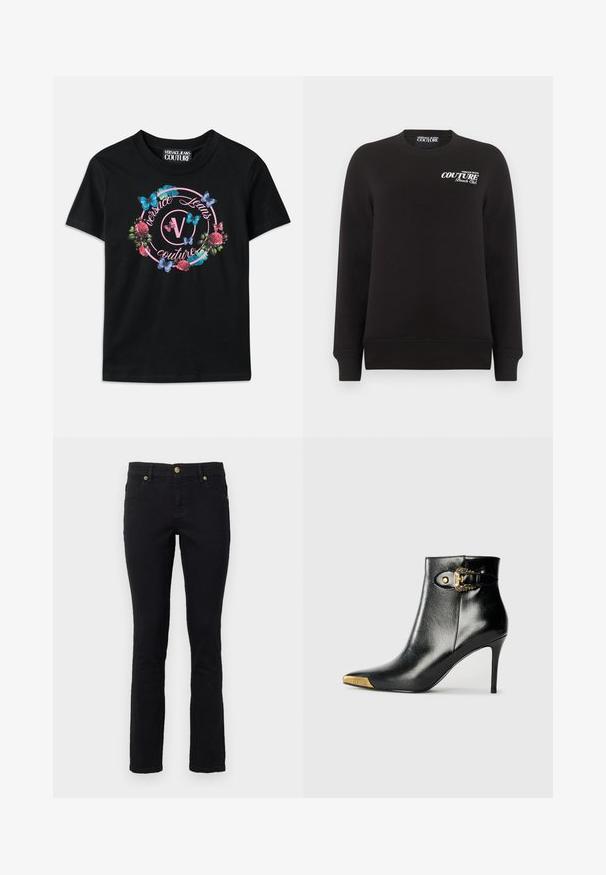 Sudadera negra de manga larga con cuello redondo y texto blanco "Versace Jeans Couture Beach Club" en el pecho superior izquierdo.; Camiseta negra con un gráfico colorido de flores y mariposas, con acentos en rosa y azul. "Versace Jeans Couture" impreso en un diseño circular.; Jeans de mezclilla negros con corte recto, diseño de cinco bolsillos, cierre de botón y acentos de hardware en tono dorado. Textura suave con un detalle mínimo.; Botín negro hasta el tobillo fabricado en cuero brillante, con punta puntiaguda, tacón de aguja y detalles dorados con una hebilla decorativa.