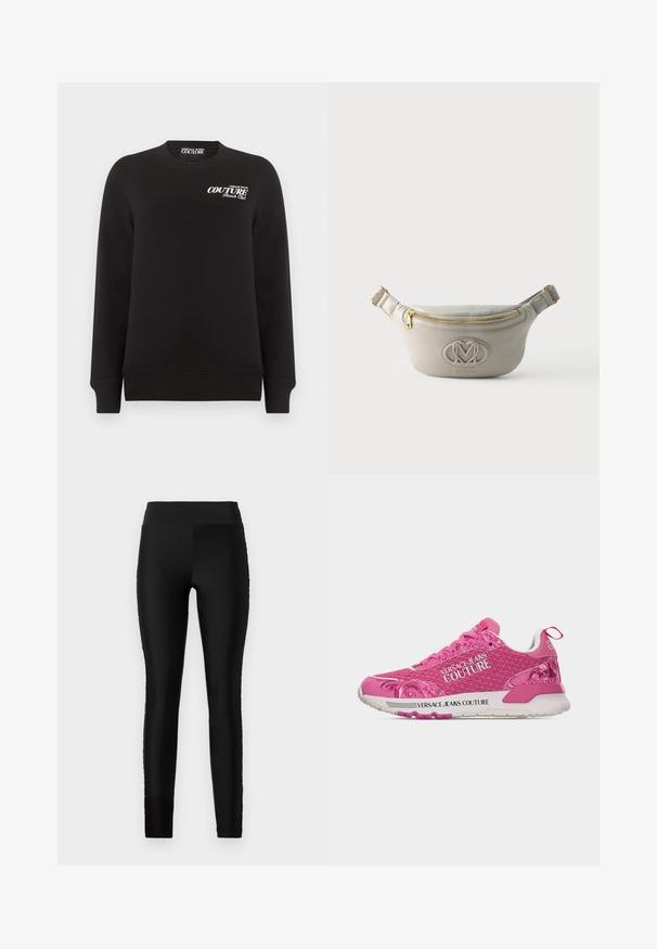 Zwarte lange mouwen crewneck trui met witte tekst "Versace Jeans Couture Beach Club" op de bovenste linkerborst.; Zwarte leggings van een gladde, rekbare stof, met een hoge tailleband en een aansluitend ontwerp. Bevat geen zichtbare patronen of accenten.; Felroze Versace Jeans Couture sneaker met patroondetails, vetersluiting en witte zool met merklatchets op de zijkant en hielstuk.; Grijze leren heuptas met gouden rits en geperst Love Moschino-logo aan de voorkant, verstelbare band met gouden hardware.