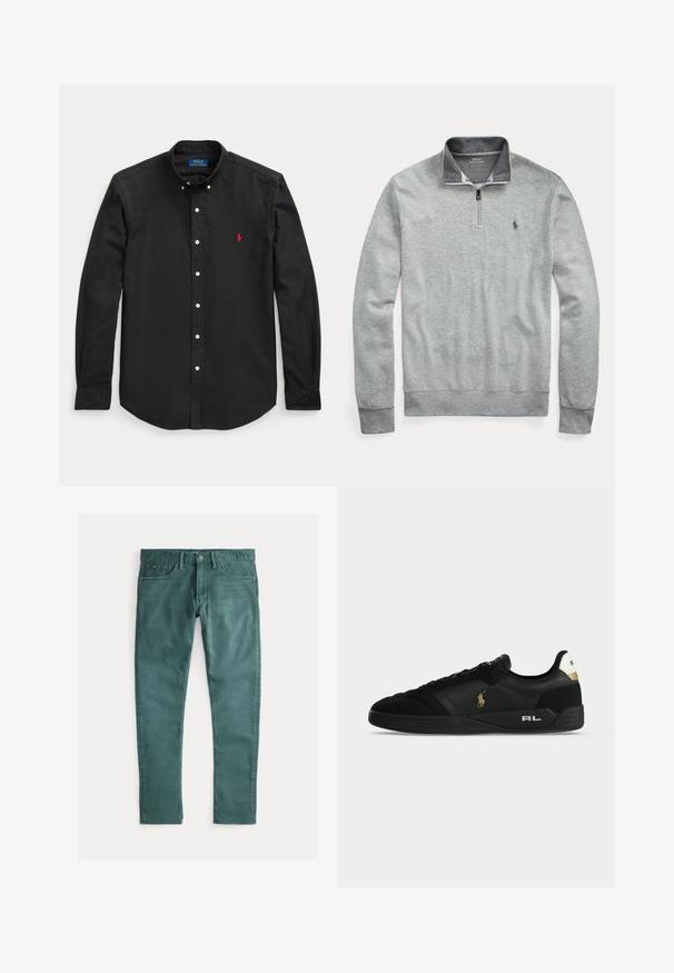 Grauer Pullover mit Reißverschlusskragen, aus weichem Material gefertigt. Verfügt über ein kleines gesticktes Logo auf der linken Brust und gerippte Bündchen.; Schwarzes langärmliges Hemd mit Knöpfen, mit rotem, besticktem Logo auf der linken Brustseite und einem Button-Down-Kragen.; Grüne Jeans aus Baumwolle mit schmaler Passform. Verfügt über zwei frontale Taschen, einen Reißverschluss und Kontrastnähte. Glatte Textur, einheitliche Farbe.; Schwarzer Sneaker mit niedrigem Schaft, goldenem Polo-Logo an der Seite, weißem Fersenband mit Polo-Schriftzug und „RL“ in Weiß auf schwarzer Sohle.