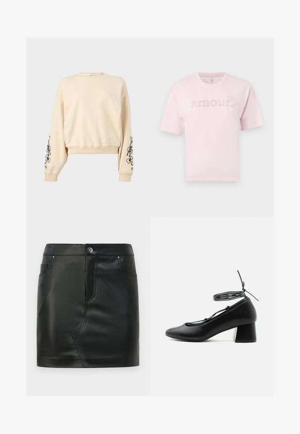 Beige crewneck trui met lange ballonmouwen en zwarte bloemrijke borduursels op beide onderarmen, geribbelde manchetten en tailleband.; Roze katoenen t-shirt met korte mouwen, voorzien van het woord "amour" in glinsterende strass-steentjes, ronde halslijn en een ontspannen pasvorm.; Zwarte nepleer mini-rok met een voorknop, ritsluiting, voor- en achterkant zakken, en naaddetail.; Zwarte leren schoen met middelhoog hakje, puntige neus, gekruiste riempjes en een wikkelriem rond de enkel op een witte achtergrond.