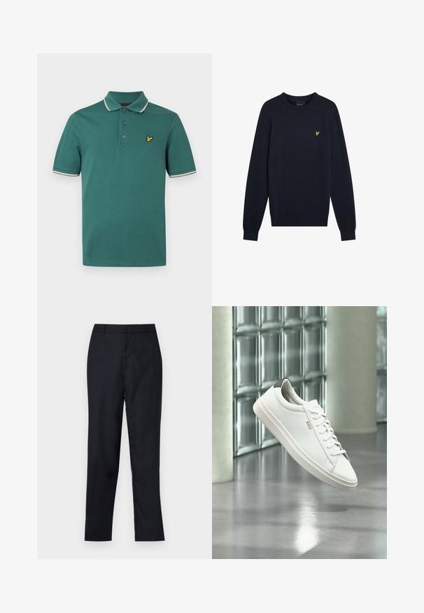 Pull en tricot bleu marine avec col rond, manches longues et un petit emblème d'aigle jaune sur la poitrine. Texture lisse, poignets ajustés.; Polo en coton vert à coupe ajustée, avec patte de boutonnage à trois boutons et logo jaune brodé sur le côté gauche de la poitrine. Présente un biais de col contrastant blanc.; Pantalon bleu marin en tissu lisse, avec un design à jambe droite, une fermeture à bouton unique et de légères plis avant.; Baskets basses en cuir blanc avec lacets, languette de talon noire et logo « BOSS », flottant à l'intérieur près d'un mur en blocs de verre et d'un sol poli.