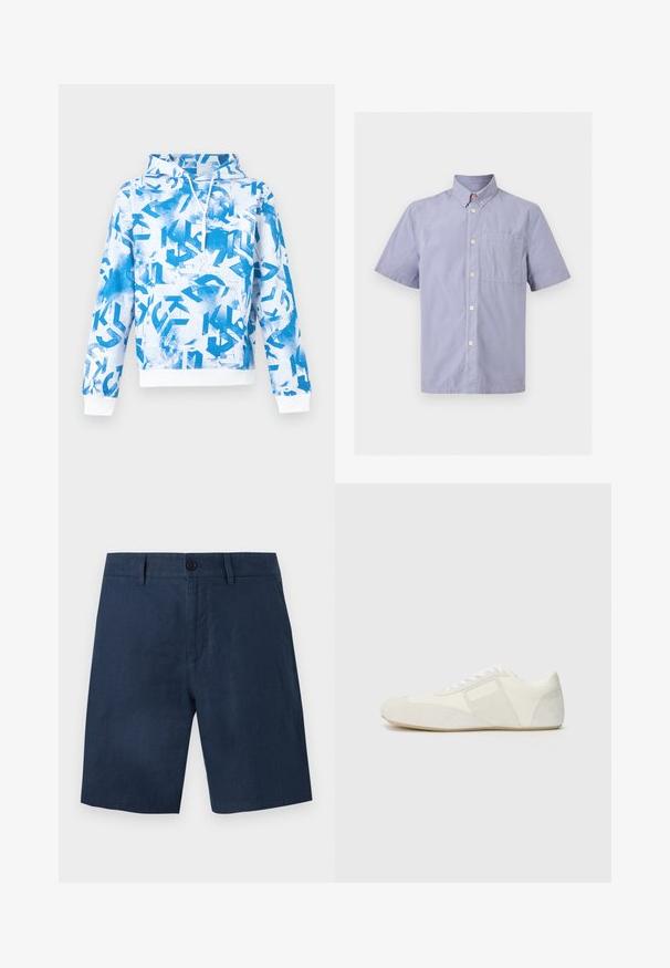 Sweat à capuche blanc et bleu, présentant un motif graphique de lettres et de formes. Texture douce avec poignets et ourlet blancs côtelés.; Chemise bleu clair à manches courtes avec boutons, col boutonné et une poche poitrine sur fond blanc.; Shorts pour hommes bleu marine avec fermeture par bouton, passants pour ceinture et poches latérales, présentés à plat sur fond blanc.; Baskets blanches au design épuré, dotées d'un embout en daim, de panneaux en cuir et d'accents texturés contrastés. Semelle plate en caoutchouc.