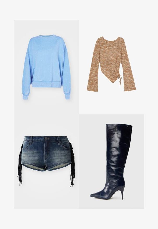 Noisy May NMROBIN GRINDING - Sweatshirt - allure; Even&Odd Langærmet T-shirt - orange; Denim shorts i gradient blå vask med frynset kant og sorte frynsedekorationer på siderne, med forlommer og et liv. ; Marine læder knæhøj støvle, blank finish, spids tå, slank stiletto hæl, sømløst design, har en subtil guldaccent.