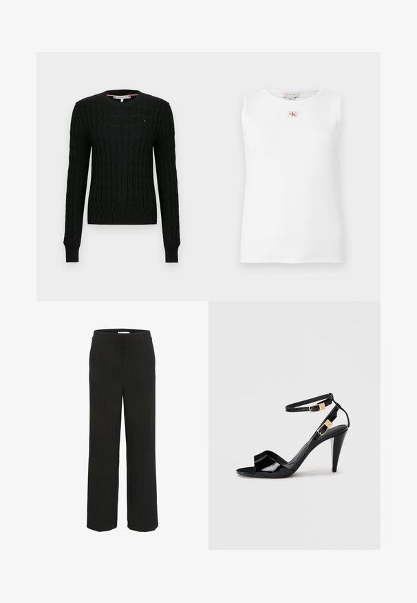 Zwarte gebreide trui met kabelpatroon, geribbelde manchetten en zoom, met een klein logo-accent op de borst. Ronde halslijn, lange mouwen.; Witte mouwloze geribbelde tanktop met een klein rood en zwart Calvin Klein-logo gecentreerd net onder de halslijn.; Zwarte pantalon met streepdessin en een rechte tailleband met riemlussen, gemaakt van geweven stof, met verticale strepen in een contrasterende kleur.; Zwart lakleren hoge hak sandaal met dubbele enkelbandjes en gouden gespen, open teen en slanke, taps toelopende hak op een neutrale achtergrond.