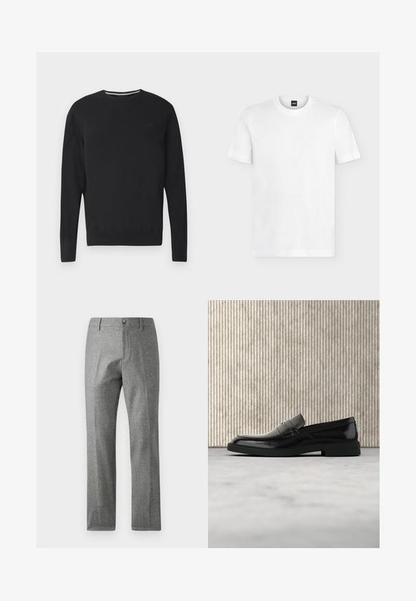 Zwarte lange mouw trui met ronde hals en subtiel "BOSS"-logo op de borst, geribbelde manchetten en zoom, weergegeven op witte achtergrond.; Wit T-shirt met korte mouwen en ronde hals, subtiel BOSS-logo op de bovenkant van de linkerborst en zwart neklabel.; Grijze textuur broek met een rechte pijp ontwerp, voorzien van een voorste knoop- en ritssluiting. Subtiele visgraatpatroon detail.; Zwarte gepolijste leren loafer die boven een beige tapijt zweeft met oranje doorschijnend meubilair op de achtergrond.