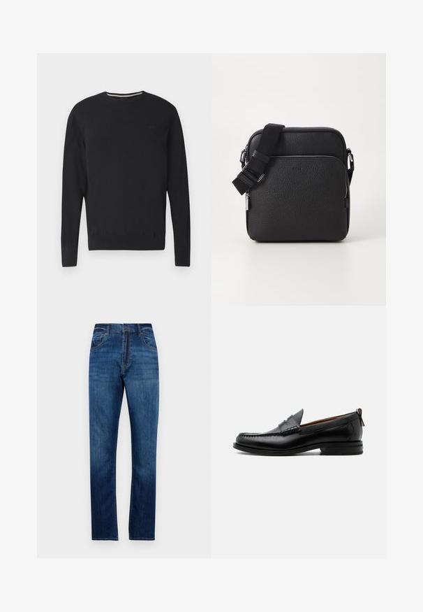 Zwarte lange mouw trui met ronde hals en subtiel "BOSS"-logo op de borst, geribbelde manchetten en zoom, weergegeven op witte achtergrond.; Blauwe rechte denim jeans met vijf zakken, riemlussen en knoopsluiting, weergegeven tegen een witte achtergrond.; Zwarte leren herensloffen met moc toe stiksel, pennyriem, gestructureerde kraag en lage gestapelde hak op witte achtergrond.; Zwarte leren schoudertas met een gestructureerd oppervlak, voorzien van een voorzak met rits, een verstelbare schouderband en metalen accenten.
