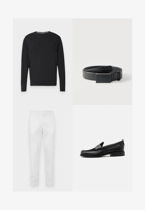 Zwarte lange mouw trui met ronde hals en subtiel "BOSS"-logo op de borst, geribbelde manchetten en zoom, weergegeven op witte achtergrond.; Slim-fit witte broek met riemlussen, ritssluiting aan de voorkant en zijzakken, plat weergegeven op een neutrale achtergrond.; Zwarte leren loafer met grijs riemdetailelement, lage hak en gestructureerde zool, aan de zijkant gebrandmerkt met "HUGO" in goud.; Zwarte leren riem opgerold met een rechthoekige matte zwarte gesp en een discreet geperst logo op een witte achtergrond.