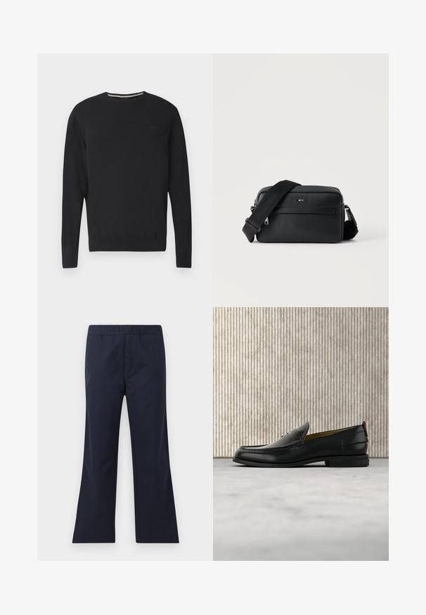 Sort langærmet rundhalset sweater med subtilt "BOSS"-logo på brystet, ribstrikkede ærmeafslutninger og kant, vist på hvid baggrund.; Marinblå, flagrende bukser lavet af glat stof. Har en elastisk talje og sidelommer. Rene linjer og minimalistisk design.; Sort læder herreloafer med krokodillepræget forstykke og lav hæl, vist i profil på en neutral baggrund.; Sort tekstureret læder crossbody taske med front lynlåslomme og justerbar bred stofskulderrem på hvid baggrund.