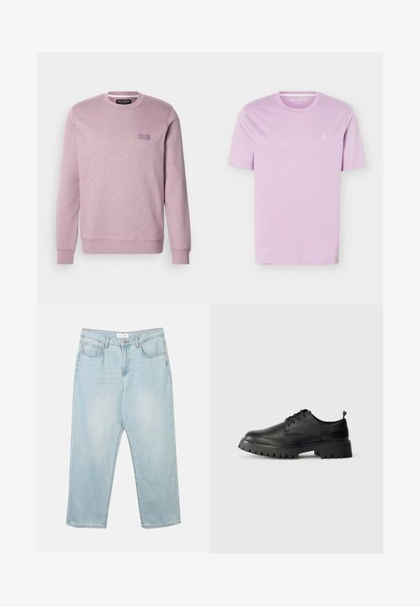 Lichtroze sweatshirt met een ronde hals en lange mouwen. Bevat een subtiele structuur en een klein rechthoekig merklabel op de borst.; Lichtpaars t-shirt met korte mouwen en ronde hals, met een klein wit "M OP" logo op de linkerborst, getoond op een witte achtergrond.; Lichtblauwe denim jeans met een relaxte fit, vijf zakken, een knoopsluiting en subtiele vervaging. De textuur is glad en licht versleten.; Zwarte leren veterschoenen met een ronde neus, een gestructureerd oppervlak en een chunky rubberen zool met diepe profielen voor grip.