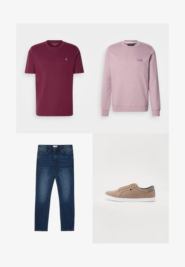 Lyserød sweatshirt med rund halsudskæring og lange ærmer. Har en subtil tekstur og en lille rektangulær mærke på brystet.; Bordeaux bomulds t-shirt med rund hals, korte ærmer og et lille hvidt "M OP" logo på brystet. Glat tekstur og almindelig pasform.; Mørkeblå slim-fit jeans med falmede detaljer, klassisk fem-lomme design, knappelukning og bæltestropper.; Beige lærreds sneakers med lavt design, hvid gummisål og runde snørebånd. Har et kontrasterende gråt hælrelief og logo detalje.