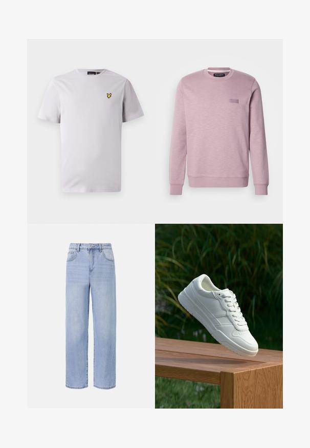 Sudadera rosa claro con cuello redondo y mangas largas. Presenta una sutil textura y una pequeña etiqueta rectangular de la marca en el pecho.; Camiseta de algodón de color gris claro con cuello redondo y mangas cortas, con un pequeño logo bordado de un pájaro amarillo en el pecho izquierdo.; Jeans de mezclilla de color azul claro con un diseño relajado y de pierna ancha. Las características incluyen cinco bolsillos, un cierre de botón en el frente y un desvanecimiento sutil.; Zapatilla de cuero blanca con una textura suave, que presenta un diseño perforado, cordones clásicos y suela de goma, posicionada sobre una superficie de madera.