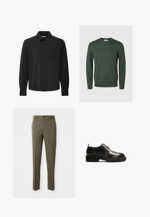 Selected SLMTRAY LS KNIT MERINO CREW NECK NOOS - Pullover - deep forest; Chemise noire à manches longues à boutons en tissu doux, dotée d'un col, d'une poche frontale et d'une fermeture à boutons, avec un ourlet droit.; Pantalons ajustés vert olive avec une texture lisse, coupe droite, bouton avant unique et poches latérales pour la fonctionnalité.; Chaussure en cuir noir avec un bout arrondi, une semelle en caoutchouc texturé épaisse, des coutures blanches contrastantes et un laçage.