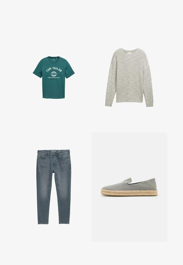 Hellgrauer gestrickter Pullover mit Rundhalsausschnitt, langen Ärmeln und strukturiertem Muster. Verfügt über gerippte Bündchen und Saum für zusätzliche Details.; Türkisfarbiges T-Shirt mit kurzen Ärmeln aus Baumwolle, mit Rundhalsausschnitt und weißem Drucktext "TOM TAILOR" sowie Designdetails auf der Vorderseite.; Schmal zulaufende, körperbetonte blaue Jeans mit Knopf, Reißverschluss und fünf Taschen.; Graue Leinenslipper mit runder Zehenform und Juteschnüroberfläche. Verfügt über ein einfaches Design und eine minimalistische schwarze Akzentuierung am Eingang.