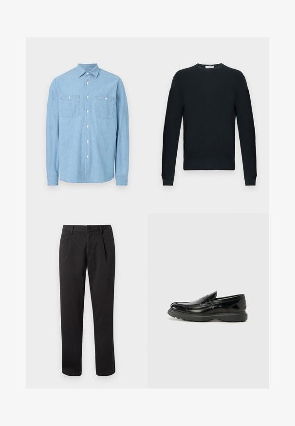 Pull noir tricoté avec un col rond, des manches longues et un motif texturé. Comprend un ourlet et des poignets côtelés.; Chemise à manches longues bleu clair avec deux poches frontales et boutons blancs, présentée sur un fond blanc.; Pantalon en coton noir avec une coupe à taille plate, jambes droites, et fermeture par bouton. Comprend des poches latérales et des détails de couture visibles.; Mocassin en cuir noir avec une finition brillante, bout arrondi, détails de couture subtils et semelle en caoutchouc épaisse pour la durabilité.