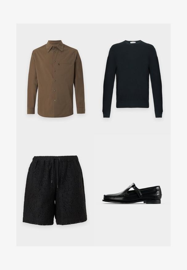 Pull noir tricoté avec un col rond, des manches longues et un motif texturé. Comprend un ourlet et des poignets côtelés.; Chemise marron à manches longues avec un col classique, des boutons-pression sur le devant, et une poche poitrine zippée sur le côté gauche.; Shorts en dentelle noire avec taille élastique et cordon noir à nouer, présentant un motif floral en découpe sur tout le tissu.; Mocassin homme en cuir noir avec surpiqûres moc toe et bride réglable sur le cou-de-pied, présenté en profil latéral sur fond clair.