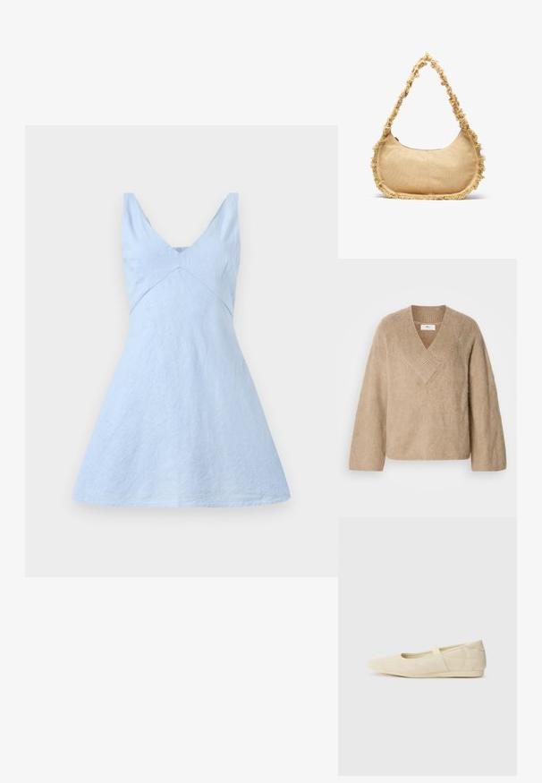 Beige fuzzy gebreide trui met brede V-hals en lange mouwen, weergegeven op een witte achtergrond.; Lichtblauwe linnen jurk met een v-hals, getailleerde bodice en uitlopende rok. Heeft een subtiele textuur en strakke lijnen. Geen zichtbare hardware of patronen.; Beige ballerina's met een gladde leren buitenkant, amandelvormige punt en elastische band over de wreef, met subtiele stiksels.; Geverfde beige tas met een ronde vorm, rafelige rand langs de randen en een korte schouderband. Ritsopening aan de bovenkant.