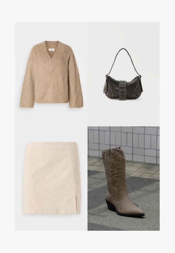 Beige fuzzy striktrøje med bred V-hals og lange ærmer, præsenteret på en hvid baggrund.; Beige corduroy miniskirt med lodret ribbet tekstur, med en sideslids for ekstra detaljer. Kantene er lige og ensartet syet.; Høj, beige cowboystøvle i ruskind med dekorative syninger og nitteaccenter, med spids snude og skråsort hæl på fortovet.; Sort læder skuldertaske med spænde på remmen, afrundede kanter og kontrasterende hvide syninger på en ensfarvet baggrund.