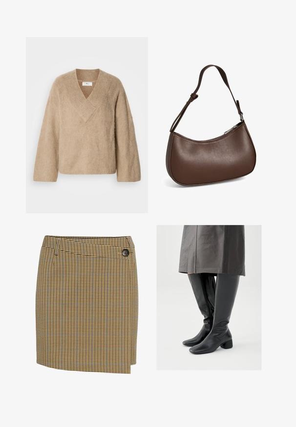Beige fuzzy striktrøje med bred V-hals og lange ærmer, præsenteret på en hvid baggrund.; Brun og gulternet nederdel med blå detaljer. Har en lige skæring, sidelukning med knapper og glat tekstur.; Knæhøje sorte læderstøvler med firkantet tå, skråt stillet blokhæl og en sidesyning; glat tekstur og tætsiddende design.; Lille brun skuldertaske i læder med justerbar rem og lynlåslukning, vist mod hvid baggrund. Ingen synligt branding eller dekorationer.