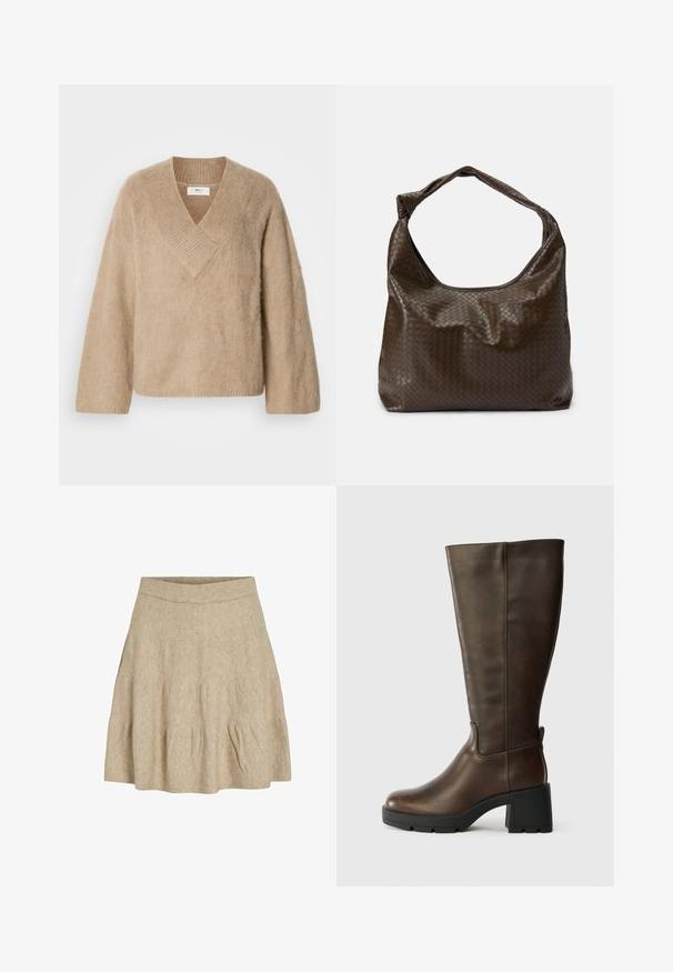 Pull en tricot beige duveteux avec un large col en V et des manches longues, présenté sur un fond blanc.; Une jupe courte beige en tissu doux et texturé, avec une taille côtelée et de légères plis près de l'ourlet.; Bottine en cuir marron jusqu'au genou avec un talon épais noir et une finition texturée. Présente un bout rond et des détails de couture latérale subtils.; Sac en cuir tressé marron avec une forme souple, une anse unique et une surface texturée. Il présente une finition douce et brillante ainsi que des bords arrondis.