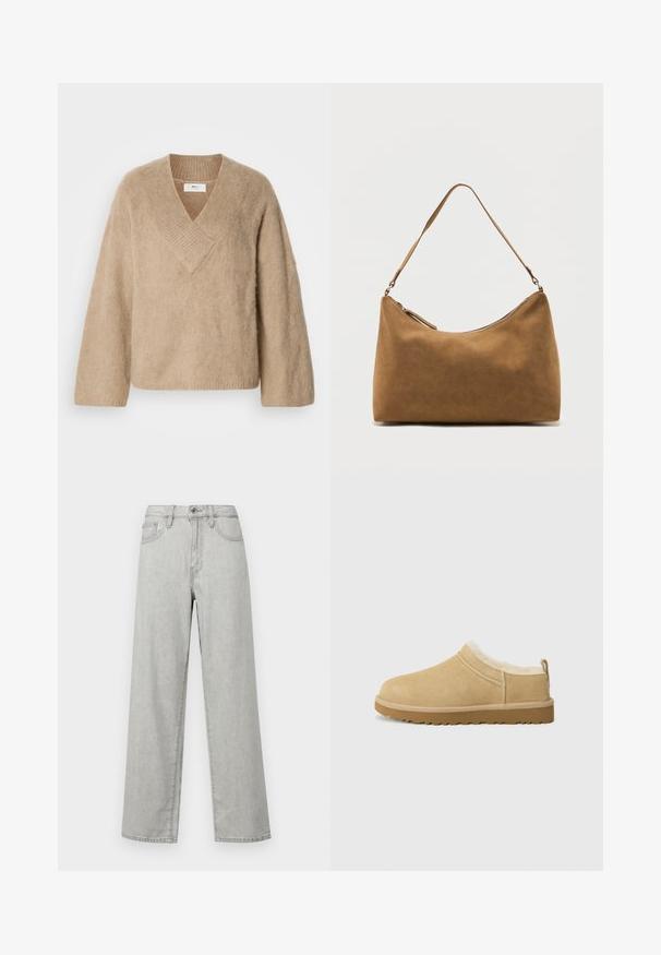Pull en tricot beige duveteux avec un large col en V et des manches longues, présenté sur un fond blanc.; Jean large couleur gris clair en denim, doté d'une taille haute, de poches avant et d'une fermeture standard avec un bouton et une fermeture éclair.; Chaussure en daim à enfiler de couleur beige clair, dotée d'une douce doublure en fourrure et d'une semelle en caoutchouc texturé avec un léger talon et une sangle à l'arrière pour un enfilage facile.; Sac à bandoulière en daim marron avec une seule sangle et une fermeture éclair supérieure, présenté sur un fond blanc uni.