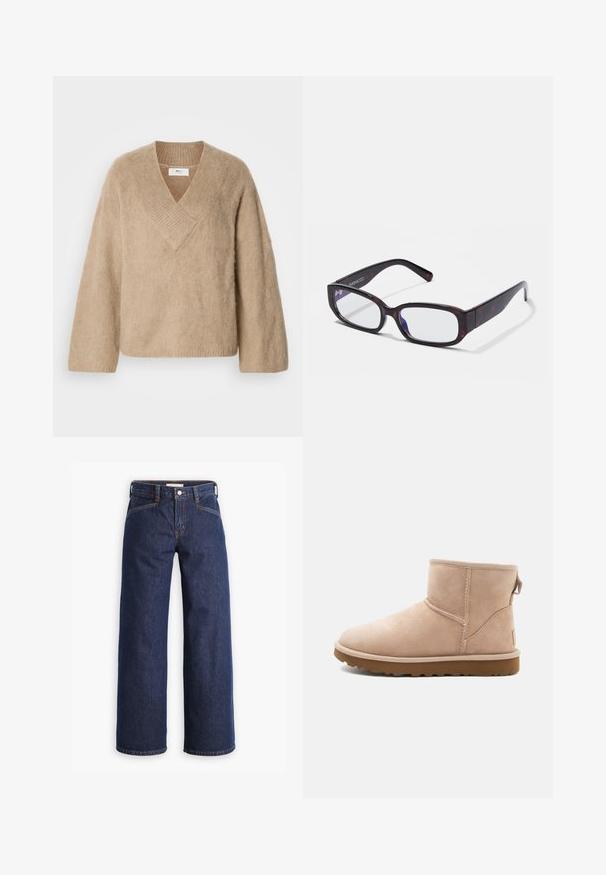 Beige fuzzy gebreide trui met brede V-hals en lange mouwen, weergegeven op een witte achtergrond.; Donkerblauwe spijkerbroek met een hoge taille, wijdvallende pijpen en subtiele oranje stiksels. Bevat een sluiting met een knoop en ritssluiting aan de voorkant.; Beige suède enkellaars met een ronde neus, gestikte accenten en een gestructureerde bruine rubberen zool. Beschikt over een trekband aan de achterkant.; Bruine schildpadvormige rechthoekige bril met heldere glazen en slanke poten, met een gladde textuur en een minimalistisch ontwerp.