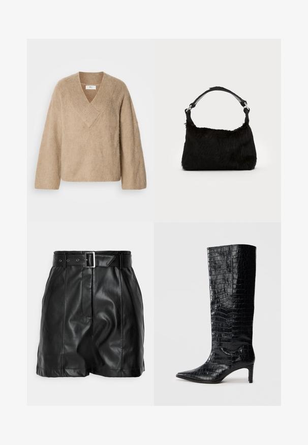 Pull en tricot beige duveteux avec un large col en V et des manches longues, présenté sur un fond blanc.; Shorts en cuir noir avec une texture lisse, taille haute et une large ceinture avec une boucle rectangulaire en argent. Design plissé à l'avant.; Bottes noires montantes, avec une texture brillante à motif crocodile, bout pointu et talon effilé. Matériau synthétique lisse.; Sac à main en fausse fourrure noire avec une texture douce, une forme arrondie et une bandoulière en cuir noir robuste. Accent en métal argenté visible.