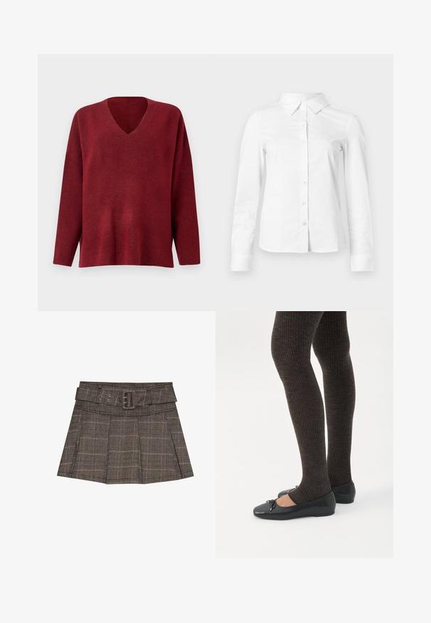 Pull-over v neck rouge à manches longues, fabriqué en tissu texturé doux, offrant une coupe décontractée et des fentes sur les côtés à l'ourlet.; Chemise blanche à manches longues avec boutons, col pointu, ourlet droit et silhouette ajustée, présentée sur un fond clair uni.; Jupe mini à carreaux en noir, brun et beige. Comprend une taille ceinturée, des plis et un tissu texturé avec un motif géométrique.; Jambes portant des leggings côtelés foncés associés à des ballerines noires avec de petits détails en nœud sur fond blanc.