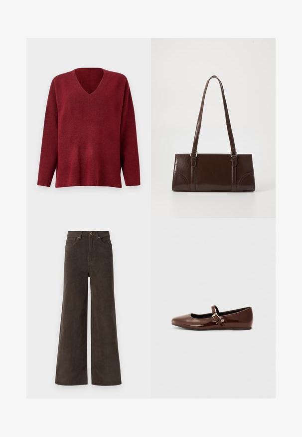 Pull-over v neck rouge à manches longues, fabriqué en tissu texturé doux, offrant une coupe décontractée et des fentes sur les côtés à l'ourlet.; Pantalons en velours côtelé larges marron foncé avec poches avant, passants de ceinture et fermeture à boutons à la taille.; Ballerine en cuir verni marron avec un bout carré et une lanière ornée d'une petite boucle dorée. Texture lisse, talon bas et design minimaliste.; Sac à main en cuir verni marron de forme rectangulaire, avec deux longues poignées et des accents courbés subtils à l'avant.