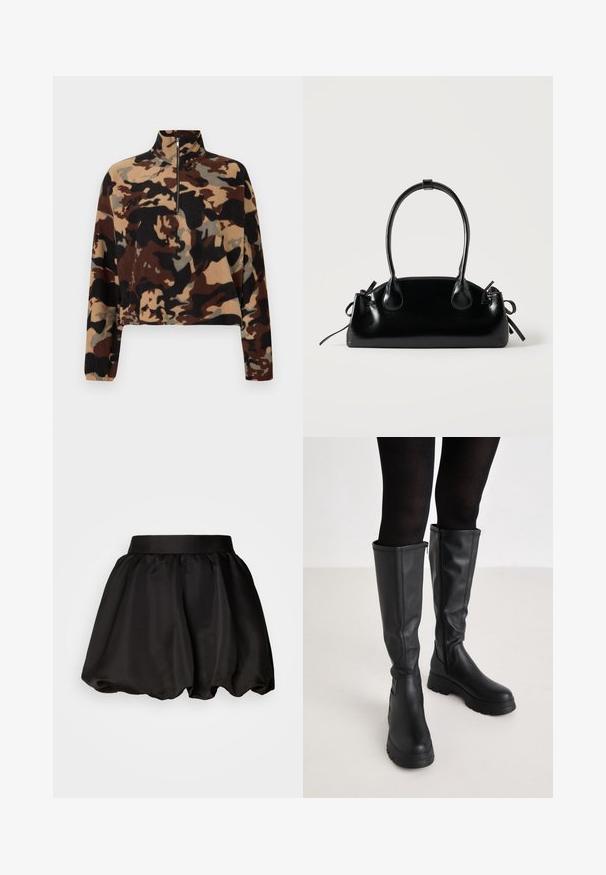 Pull-over en polaire à manches longues avec un motif camouflage brun, noir et beige, doté d'un col zippé mi-hauteur et de poignets élastiques.; Jupe en satin noir avec une large ceinture, présentant une forme bulle volumineuse. Texture lisse sans motifs ni détails en métal visibles.; Even&Odd by Zalando Bottes à plateau - black; Petit sac à main noir brillant avec deux longues anses et des détails à cordon sur les côtés sur un fond clair uni.