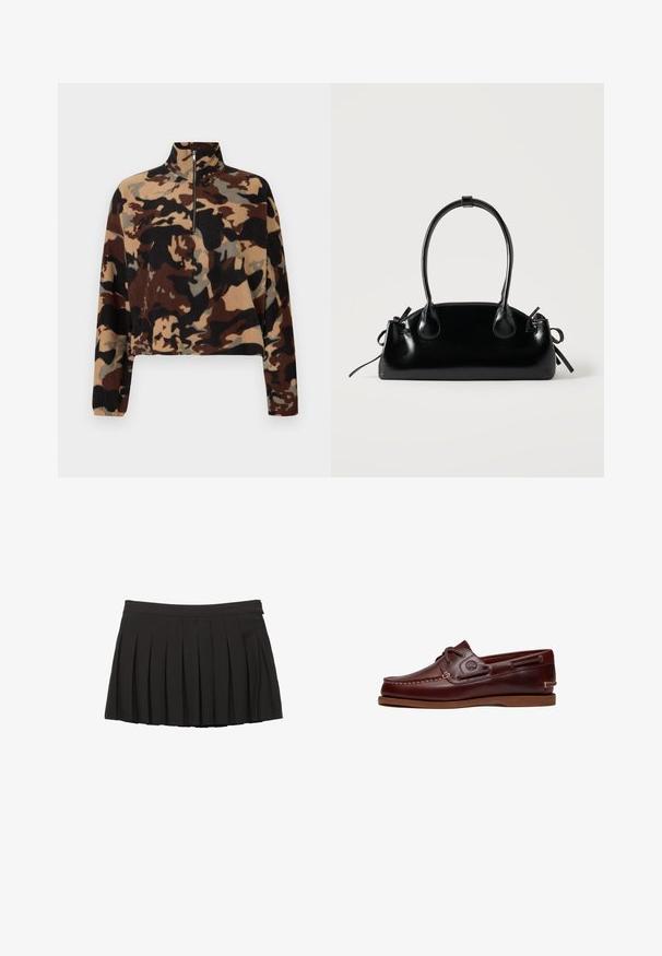 Langærmet fleece-pullover med brun, sort og beige camouflage-mønster, med halv-lynlås krave og elastiske manchetter.; Sort plisseret mininederdel med taljebånd og lynlås i siden, vist på en hvid baggrund.; Brun læder bådsko med snørre, syningsdetaljer og Timberland-logo på siden, vist på en hvid baggrund.; Lille sort blank håndtaske med to lange håndtag og snøre-detaljer i siden på en ensfarvet lys baggrund.