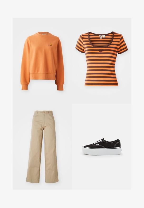 Sudadera naranja de algodón suave, con cuello redondo acanalado, mangas largas y un pequeño logo bordado en el pecho.; Camiseta a rayas con tonos naranjas y marrones, confeccionada en tejido acanalado. Presenta un cuello redondeado y mangas cortas, con un logo de corazón en el pecho.; Pantalones de pierna ancha beige hechos de algodón, con cierre de botón y lazadas para cinturón, con una textura suave y un acabado limpio.; Zapatilla de lona negra con suela de plataforma de goma blanca, que presenta cordones y costuras blancas, con branding icónico en el lateral, diseño de corte bajo.
