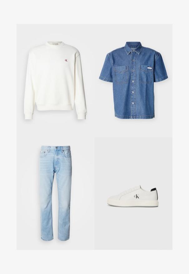 Hvid crewneck sweatshirt lavet af bomuld, med et lille rødt "ck" logo på brystet, ribbede manchetter og kant. Enkel, glat tekstur.; Kortærmet denimskjorte med knapper foran, to brystlommer og et lille Calvin Klein-mærke på den højre lomme.; Lyseblå denimjeans med lige ben, har slidte sektioner, fem lomme-design og en klassisk knapåbning.; Hvide lædersneakers med rund tå, flad gummisål og sort hælaccent. Har et fremtrædende sort Calvin Klein-logo på siden.