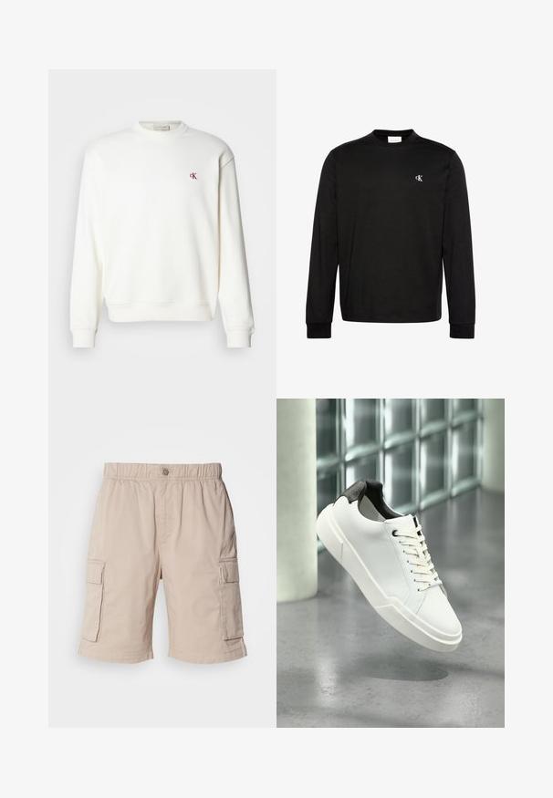 Hvid crewneck sweatshirt lavet af bomuld, med et lille rødt "ck" logo på brystet, ribbede manchetter og kant. Enkel, glat tekstur.; Sort langærmet crewneck-shirt med lille hvidt "cK" logo på venstre bryst og ribstrikkede manchetter.; Beige cargo shorts med elastisk talje, knaplukning, to sidelommer og ekstra lommer på lårene. Letvægtsstof.; Hvid lav tå-sneaker med sort struktureret hælfane, hvide snørebånd og tyk sål på en poleret betongulv nær glasblokke.