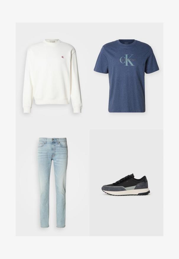 Valkoinen crewneck-huppari, joka on valmistettu puuvillasta ja jossa on pieni punainen "ck"-logo rinnassa, ribbed-hihansuut ja helma. Yksinkertainen, sileä rakenne.; Miesten lyhythihainen tummansininen T-paita, jossa on suuri vaaleansininen "CK"- ja "Calvin Klein" -logo painettuna rinnan kohdalle.; Vaaleansiniset farkut, joissa on suora lahjarakenne, keskikorkea vyötärö ja hienovarainen haalistuma. Mukana viisi taskua ja metallinappi.; Veneuljakengät, joissa on mustaa kangasta, harmaita saappaiden korostuksia ja paksu valkoinen keskikorko mustalla kumipohjalla.
