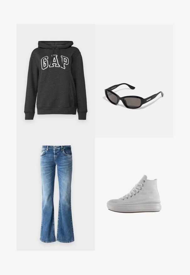 Donkergrijze hoodie van zacht materiaal met een kangoeroezak, een capuchon met trekkoord en een groot wit "GAP" logo op de voorkant.; Lichtblauwe denim flared jeans met een vervaagde wassing, vijf zakken, gestikte details en een rits met knopsluiting.; Witte hoge canvas sneaker met witte veters, metalen oogjes, dikke rubberen zool en gestructureerde neuskap, naar links gericht op een witte achtergrond.; Zwarte zonnebril met een rechthoekig frame, donkere lenzen, gladde plastic materiaal en een metalen accent op de poot.