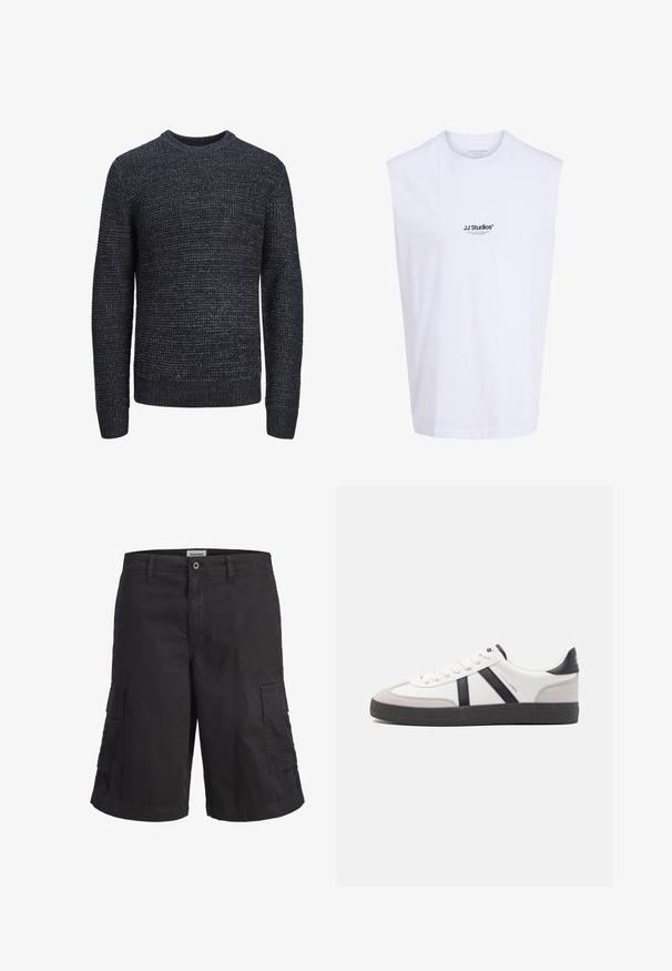 Pull en tricot noir et gris avec des speckles, à manches longues et avec des poignets, un ourlet et un col rond côtelés, présenté sur un fond blanc.; Chemise blanche sans manches avec petit logo texte noir "JJ Studios" centré sur le devant et encolure ronde.; Short cargo noir avec passants de ceinture, fermeture à bouton et zip, et deux grandes poches latérales, présenté sur un fond blanc.; Baskets blanches avec des accents noirs et gris, présentant un embout texturé gris, une semelle en caoutchouc noir et des lacets plats blancs. Design épuré, style minimaliste.