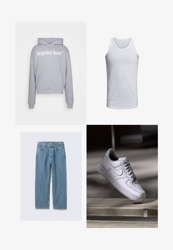 Grå hættebluse lavet af blødt stof, med en frontlomme og hvidt logo-tekst "forsvundne ansigt" i fed skrift henover brystet.; Hvid bomulds tank top med rund halsudskæring, brede skulderstropper og minimal branding trykt indeni kraven. Blød tekstur, afslappet pasform.; Lyseblå jeans med lige ben, forlommer, bæltestropper og knaplukning på ensfarvet baggrund.; Hvid læder Nike Air Force 1 sneaker med perforeret tå, flade snørebånd og tekstureret gummisål med "AIR" branding på siden.