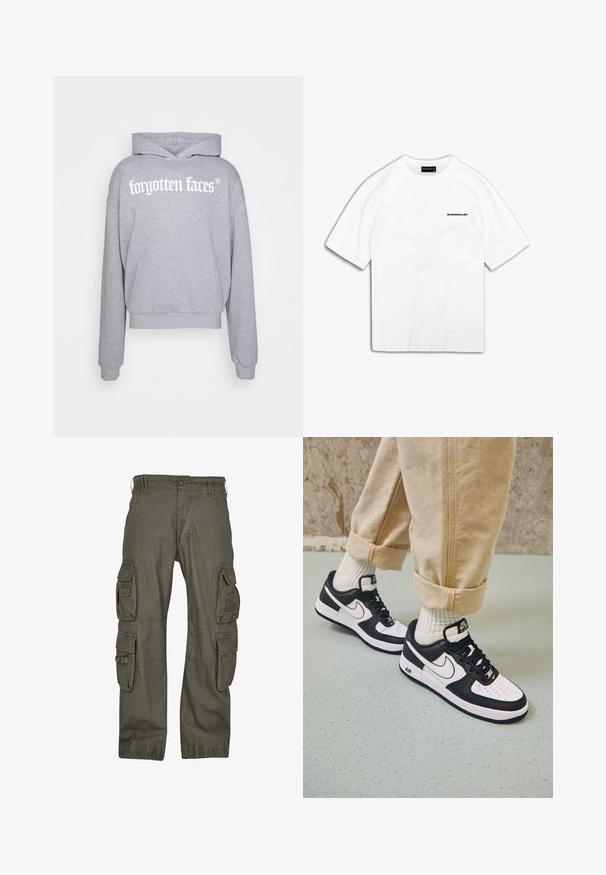 Sudadera gris con capucha, hecha de un tejido suave, que presenta un bolsillo frontal y el texto del logo en blanco "forgotten faces" en una tipografía en negrita across el pecho.; Camiseta blanca de manga corta hecha de algodón con corte recto. Presenta un pequeño texto de logo negro en la parte izquierda del pecho.; Pantalones cargo de algodón verde oliva, con múltiples bolsillos laterales, un corte holgado y costuras reforzadas para mayor durabilidad.; Zapatillas Nike Air Force 1 en blanco y negro con parte superior de cuero, puntera perforada y detalle de suela texturizada, combinadas con pantalones beiges remangados y calcetines blancos.