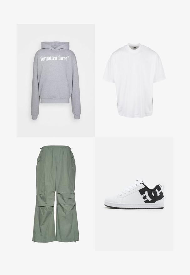 Grå hættebluse lavet af blødt stof, med en frontlomme og hvidt logo-tekst "forsvundne ansigt" i fed skrift henover brystet.; Hvid bomulds T-shirt med en afslappet pasform, korte ærmer og rund halsudskæring, med en lige kant og ingen synlige grafikker eller mønstre.; Lys grønne, løstsiddende cargo-bukser med snoretræk i taljen, sidelommer og brede ben. Fremstillet af letvægtsstof med en rynket tekstur.; Hvide atletiske sko med en glat syntetisk overdel, der har sorte logo-detaljer og en gummisål. Snørebåndsdesign, med afrundet tåform.