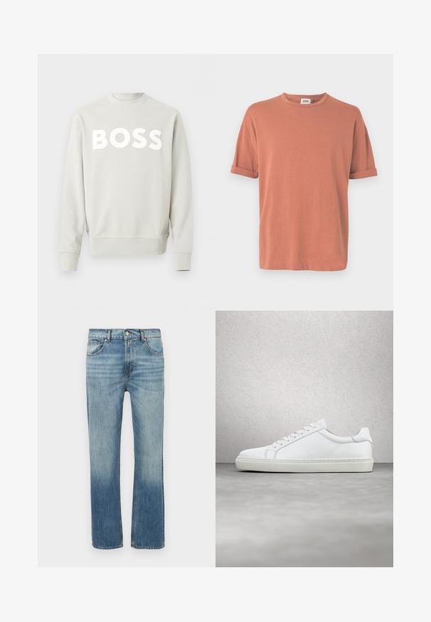 Lichtgrijze crewneck-trui met lange mouwen en "BOSS" in grote witte letters op de borst gedrukt.; T-shirt met korte mouwen in stofroze kleur, gemaakt van zachte stof, met een ronde hals en opgerolde mouwen in een ontspannen pasvorm.; Lichtblauwe spijkerbroek met een rechte pijp, vervaagde details, vijf zakken en een sluiting met knopen aan de voorkant. Stiksels zichtbaar langs de naden.; Witte sneaker met een gladlederen bovenwerk en een laag profiel. Voorzien van een ronde neus, zes vetergaatjes en een gestructureerde rubberen zool.