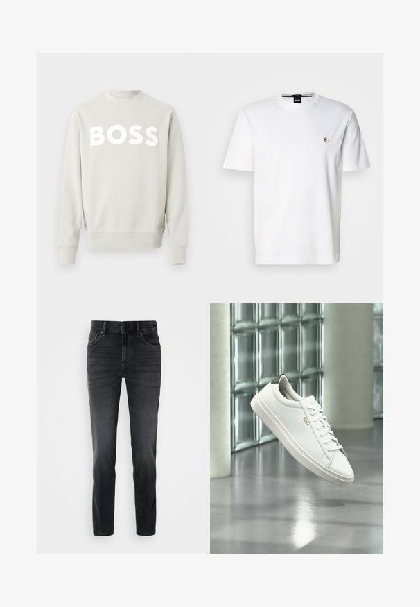 Hellgrauer Sweatshirt mit Rundhalsausschnitt und langen Ärmeln, mit "BOSS" in großen weißen Buchstaben auf der Brust gedruckt.; Weißes Baumwoll-T-Shirt mit rundem Ausschnitt, kurzen Ärmeln und kleinem Logo auf der linken Brust. Glatte Textur, klassischer Schnitt.; Schwarze Jeans aus Denim mit schlanker Passform, mittelhohem Bund, klassischem Fünf-Taschen-Design und dezenten Verblassungen an den Beinen.; Weißer Leder-Low-Top-Sneaker mit Schnürsenkeln, schwarzer Fersenschlaufe und „BOSS“-Logo, der drinnen nahe einer Glassteinwand und einem polierten Boden schwebt.