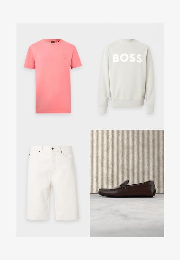 Sweatshirt gris clair à col rond avec manches longues et "BOSS" imprimé en grandes lettres blanches sur la poitrine.; T-shirt rose uni manches courtes col rond avec un petit patch logo carré sur la poitrine gauche et une étiquette noire de marque au col.; Short en denim blanc avec bouton et fermeture éclair à l'avant, passants pour ceinture et design à cinq poches, présenté sur un fond uni.; Mocassins en cuir marron avec une finition lisse, des coutures de style mocassin, un bout rehaussé et une semelle en caoutchouc basse et flexible.