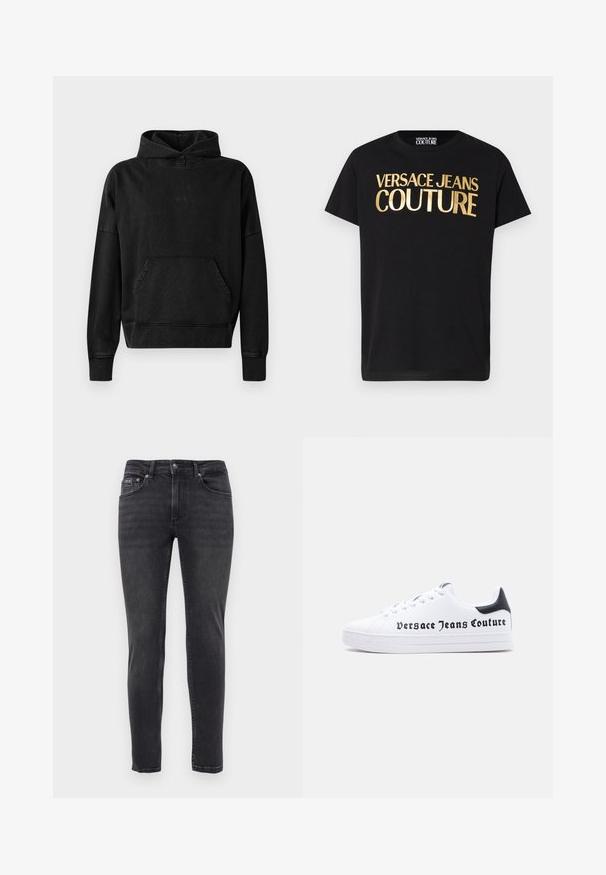 Schwarze Kapuzenjacke mit einer Fronttasche, gerippten Bündchen und Saum. Hat ein minimalistisches Design mit einem kleinen "WON"-Logo auf der Brust. Weicher Stoff.; Schwarzes kurzärmeliges T-Shirt mit großem metallisch goldfarbenem "Versace Jeans Couture" Schriftzug auf der Vorderseite und einem runden Ausschnitt.; Schmal geschnittene schwarze Jeans mit fünf Taschen und einem Knopf- und Reißverschluss, vor einem schlichten weißen Hintergrund präsentiert.; Weißer Sneaker mit niedrigem Schnitt, schwarzem Fersenlasche, Schnürdesign und dem Schriftzug "Versace Jeans Couture" in Schwarz auf der Seite gedruckt.