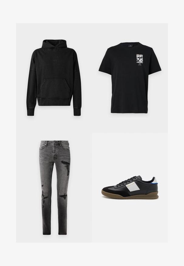 Schwarze Kapuzenjacke mit einer Fronttasche, gerippten Bündchen und Saum. Hat ein minimalistisches Design mit einem kleinen "WON"-Logo auf der Brust. Weicher Stoff.; Schwarzes Baumwoll-T-Shirt mit kurzen Ärmeln, ausgestattet mit einem weißen Grafikdruck mit Text und Totenköpfen auf der linken Brust. Klassisches Rundhalsausschnitt-Design.; Schwarze Denim-Jeans mit Rissdetails, schlankem Schnitt, fünf Taschen und klassischem Reißverschluss. Abgetragenes Aussehen mit verblassten Stellen.; Schwarze Leder- und Wildledersneaker mit einem grauen Einsatz, brauner Gummisohle und blauen Akzenten an der Ferse. Mit Schnürsenkeln und geprägtem Logo.