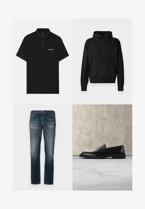 Schwarze Kapuzenjacke mit einer Fronttasche, gerippten Bündchen und Saum. Hat ein minimalistisches Design mit einem kleinen "WON"-Logo auf der Brust. Weicher Stoff.; Schwarzes Poloshirt aus Baumwolle mit Standardkragen, Dreiknopf-Leiste und kleinem weißen "Armani Exchange"-Logo auf der linken Seite.; Dunkelblaue Denim-Jeans mit geradem Schnitt, fünf Taschen, dezentem Verblassen und kontrastierenden Nähdetails. Metallknopf- und Reißverschluss.; Schwarzer, polierter Lederloafer, der über einem beigen Teppich schwebt, mit orangener, durchscheinender Möbel im Hintergrund.