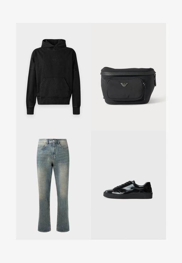 Sort hættejakke med frontlomme, ribbede manchetter og kant. Har et minimalistisk design med et lille "WON" logo på brystet. Blødt stof.; Lys blå denim jeans med lige ben, mellemhøj talje og subtilt slid. Har klassisk lomme-design og kontrasterende stikninger.; Sorte laklæder sneakers med rund tå, snørredesign, tekstureret gummisål og en glat overflade.; Sort bæltetaske med frontlynlåslomme og sølv ørn-logo, glat stof med tekstureret kant og lynlåstræk.